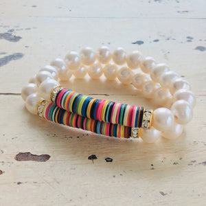 Boho Style African Vinyl & Pearls Stretch Bracelet at $124