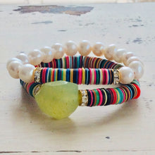 Cargar imagen en el visor de la galería, Boho Style African Vinyl &amp; Pearls Stretch Bracelet at $115
