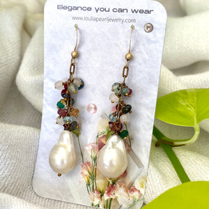 Mixed Gemstones Cluster Earrings w Baroque Pearls