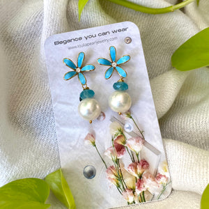 Edison White Pearls & Aquamarine Drop Earrings, Blue Enamel and Gold Plated Flower Studs