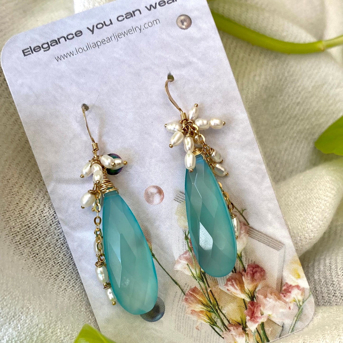 Blue Chalcedony Pearl Earrings – Teardrop Cluster Design with sky blue chalcedony and freshwater pearls.
