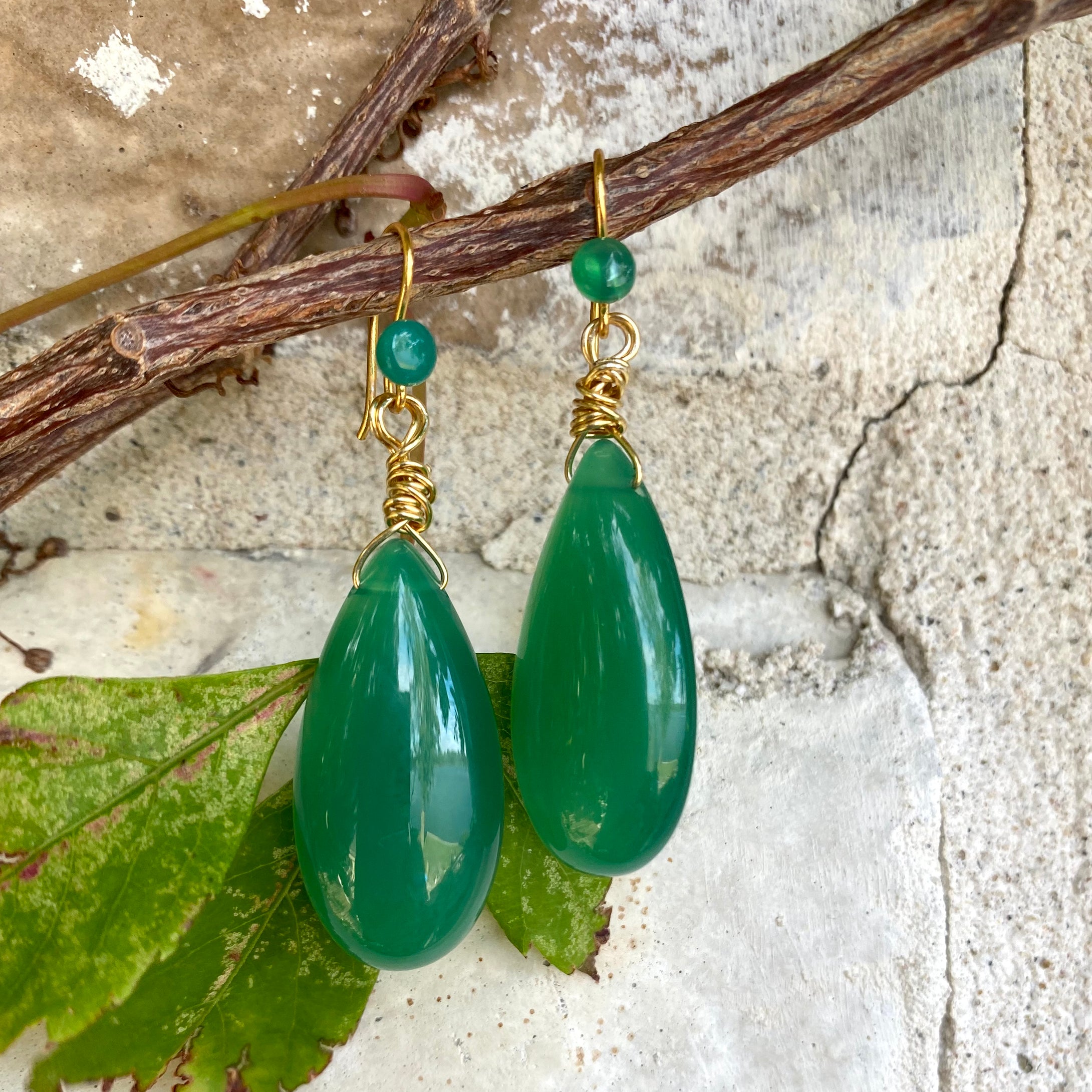Emerald Green Onyx Teardrop Earrings, Gold Vermeil
