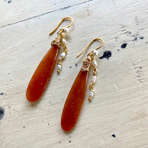 Red Aventurine and Pearl Earrings, Gold Vermeil, Artisan OOAK Jewelry