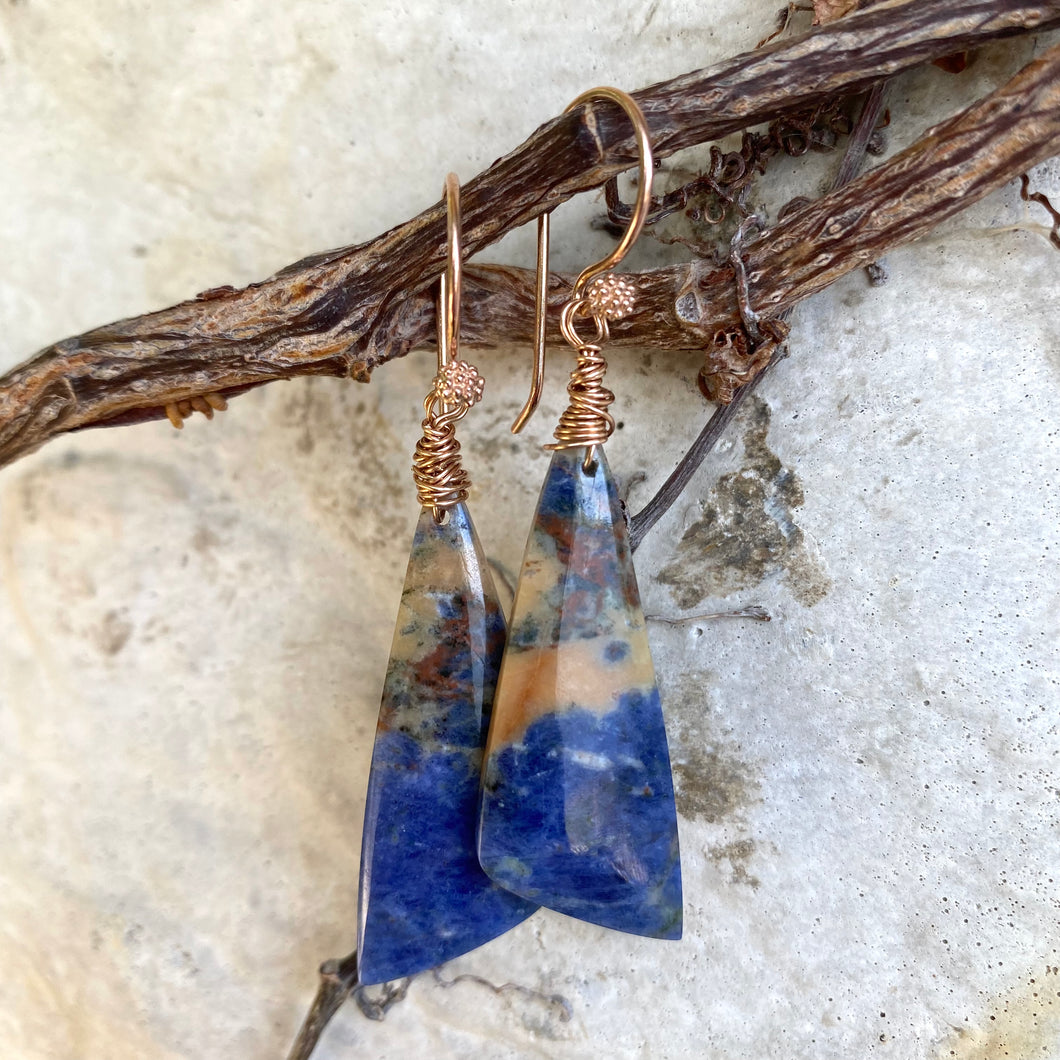 Natural African Sodalite Gemstone Boho Earrings, Rose Gold Vermeil