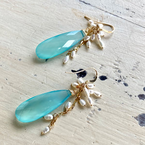 Teardrop Sky Blue Chalcedony & Pearls Cluster Earrings
