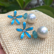 Cargar imagen en el visor de la galería, Edison White Pearls &amp; Aquamarine Drop Earrings, Blue Enamel and Gold Plated Flower Studs
