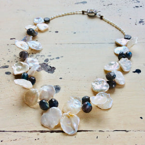 Petal Pearls Necklace with Labradorite Choker, 16"in, Silver Details