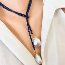 Charger l&#39;image dans la galerie, Lapis Lazuli and Baroque Pearls Lariat Necklace, December Birthstone, 40&quot;inches
