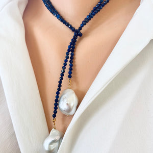 Lapis Lazuli and Baroque Pearls Lariat Necklace, December Birthstone, 40"inches