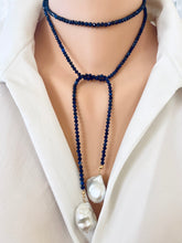 Charger l&#39;image dans la galerie, Lapis Lazuli and Baroque Pearls Lariat Necklace, December Birthstone, 40&quot;inches
