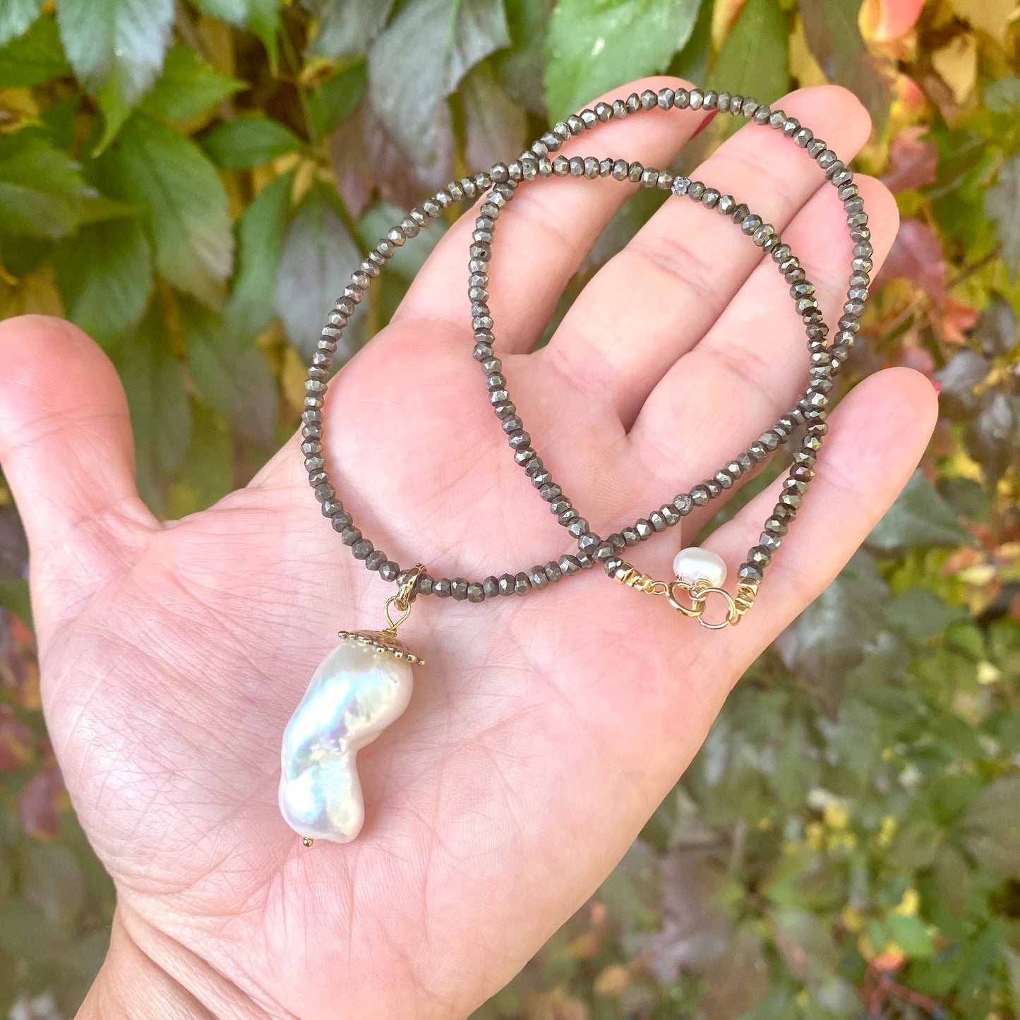 Baroque pearl pendant necklace with pyrite beaded chain and large white baroque pearl handmade in Canada