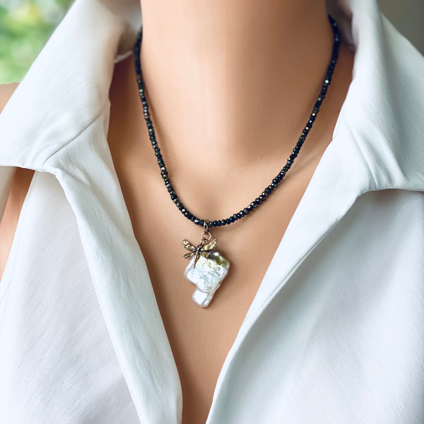 Keshi pearl pendant necklace symbolic design with dragonfly charm and freshwater keshi pearl