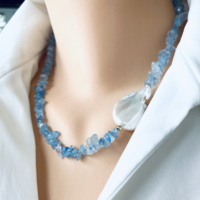 Handmade Aquamarine and Baroque Pearl Necklace, 19 inches, Gold Filled Finish