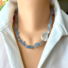 Load image into Gallery viewer, Beaded Necklace featuring Aquamarine and Large Baroque Pearl on the Side, Accented with Gold Filled Details
