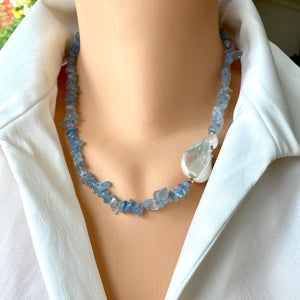 Beaded Necklace featuring Aquamarine and Large Baroque Pearl on the Side, Accented with Gold Filled Details