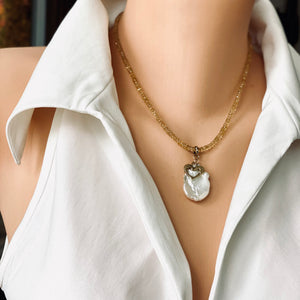Citrine Beads Chain Necklace w Large Baroque Pearl Pendant, November Birthstone