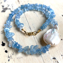 Load image into Gallery viewer, Aquamarine Nuggets and Flat Baroque Pearl Beaded Necklace w Gold Filled Details
