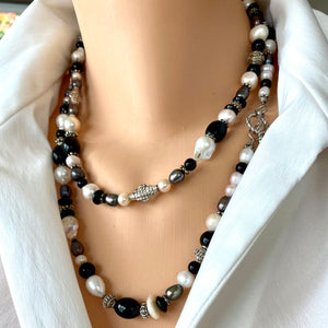 Elegant Black Onyx w Black and White Pearls Long Necklace