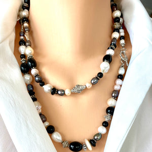 Elegant Black Onyx w Black and White Pearls Long Necklace