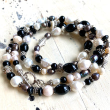 Load image into Gallery viewer, Elegant Black Onyx w Black and White Pearls Long Necklace
