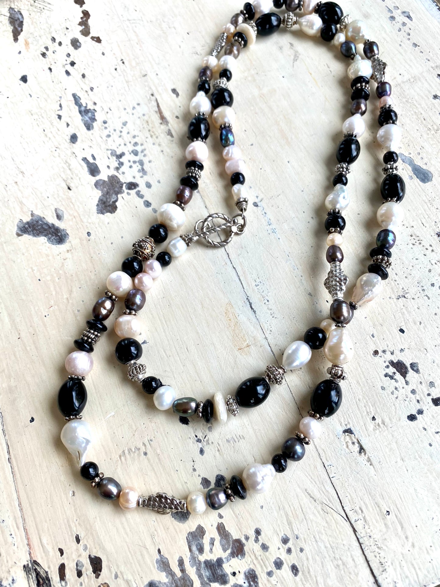 Black onyx pearl long necklace with Karen Hill silver beads and mixed pearl shapes