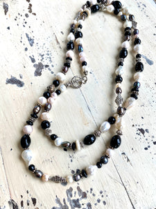 Elegant Black Onyx w Black and White Pearls Long Necklace