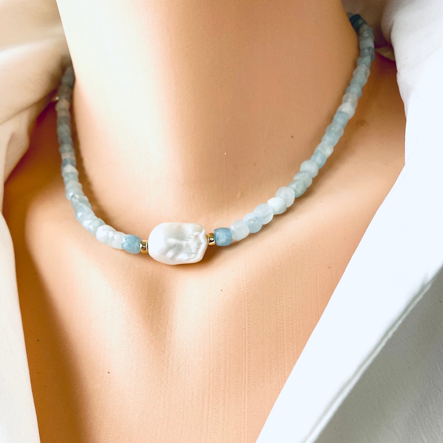 Delicate Aquamarine Beaded Necklace with Fresh Water White Baroque Pearl