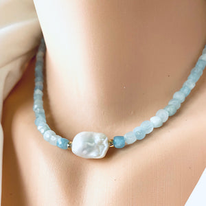 Delicate Aquamarine Beaded Necklace with Fresh Water White Baroque Pearl