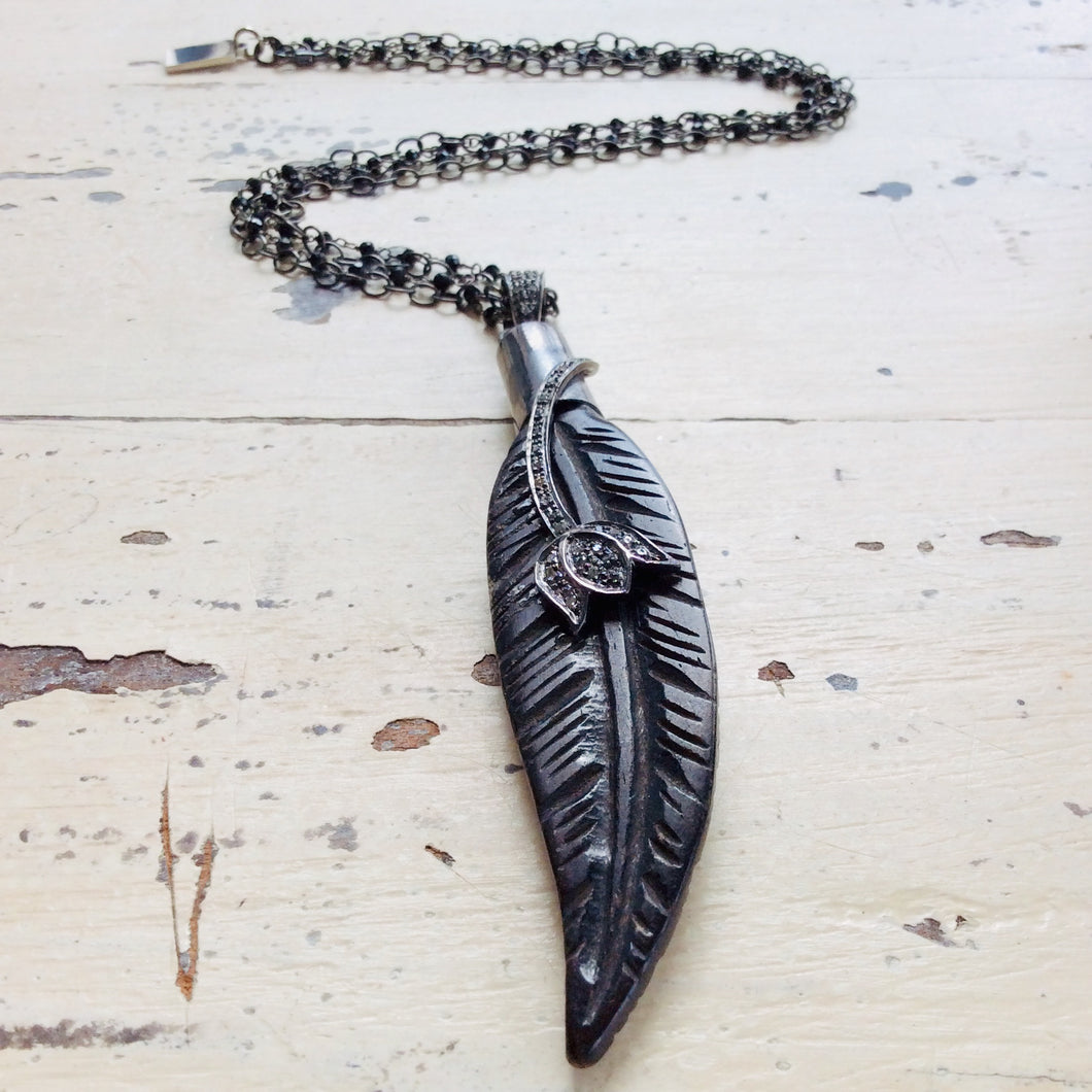 Diamonds Paved Wood Leaf Pendant Necklace