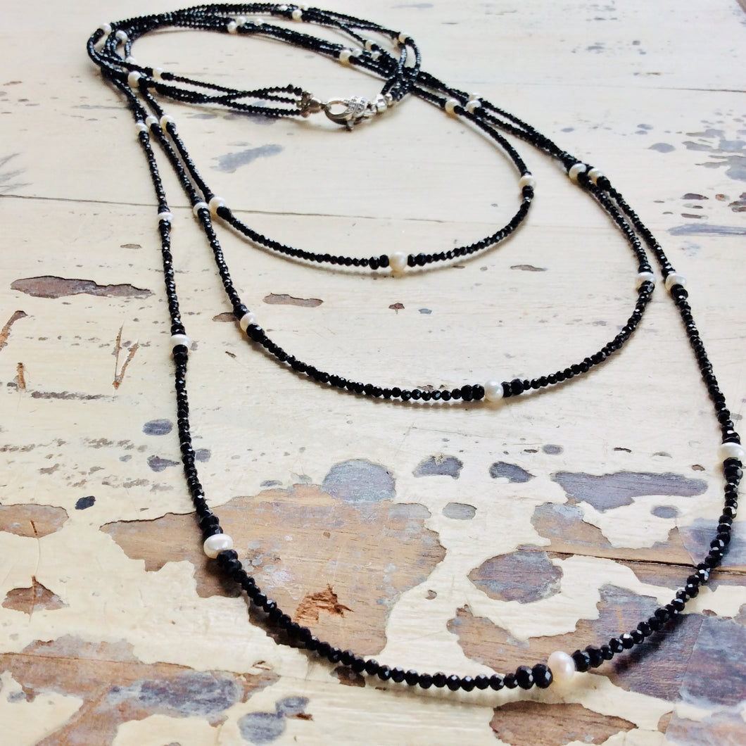 Black Spinel & White Pearls Multi Strand Matinee Necklace at $585