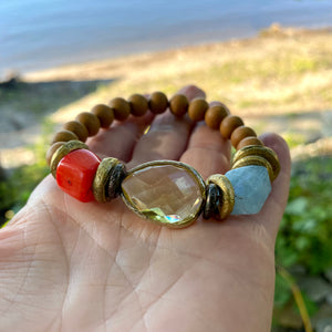 Aquamarine and Yellow Glass w Coral Sandalwood Stretchy Bracelet