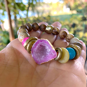 Hot Pink Quartz bracelet Druzy Crystal Gemstone, Natural Jasper Bracelet