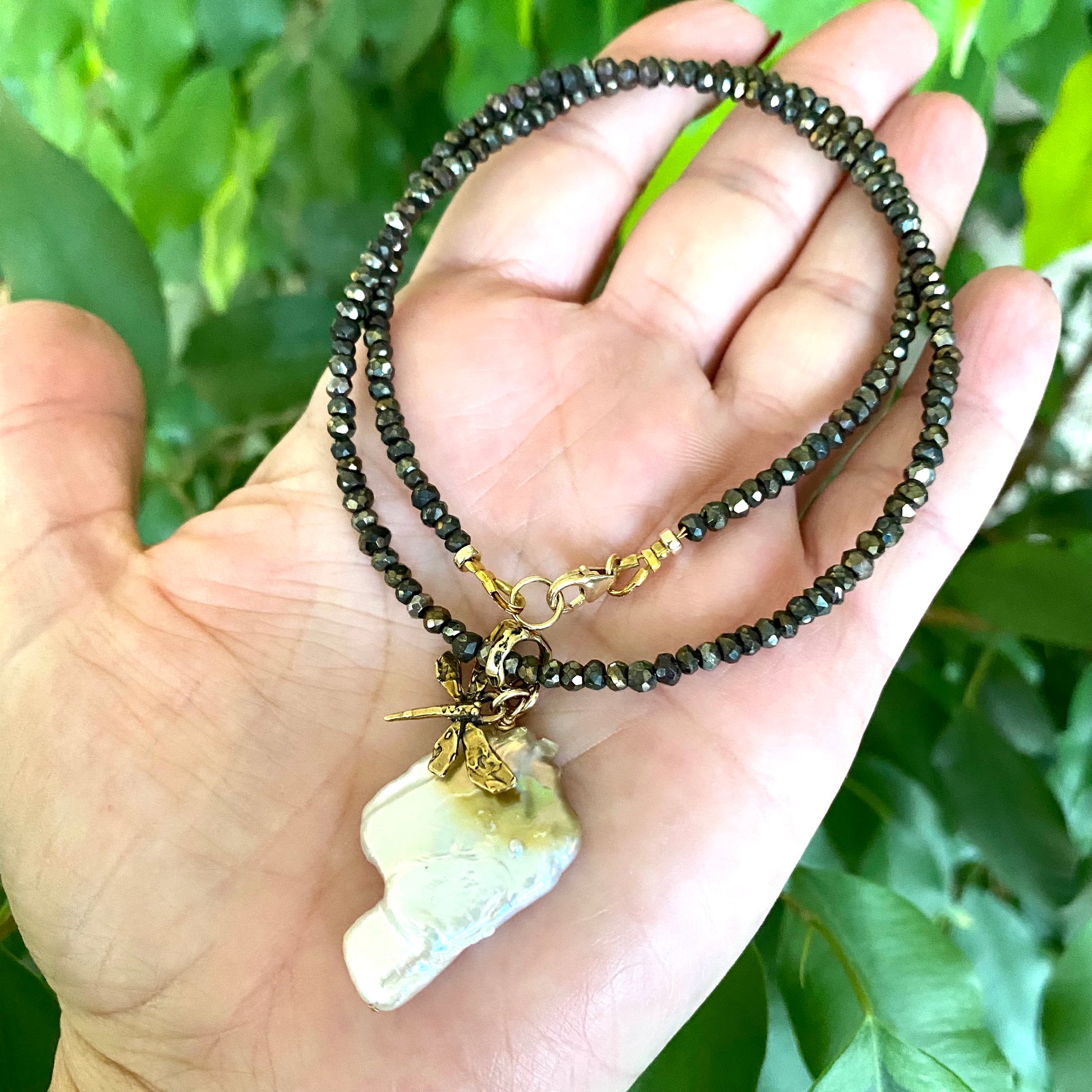 Keshi pearl pendant necklace with pyrite beaded chain large keshi pearl and dragonfly charm handmade in Canada