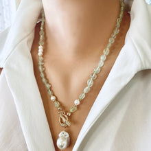 Load image into Gallery viewer, Green Prehnite Beaded Toggle Necklace w Freshwater Pearls, Gold Plated, 20&#39;in

