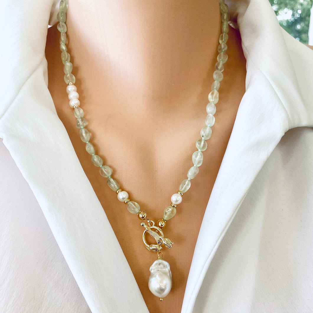 Green Prehnite Beaded Toggle Necklace w Freshwater Pearls, Gold Plated, 20'in