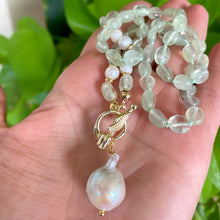 Load image into Gallery viewer, Green Prehnite Beaded Toggle Necklace w Freshwater Pearls, Gold Plated, 20&#39;in
