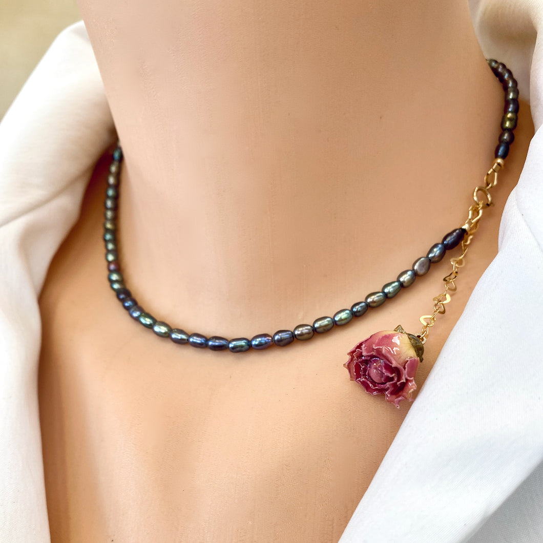 Real Pink Rose & Black Mini Rice Pearl Necklace Rosebud Pendant, Gold Filled, 15.5