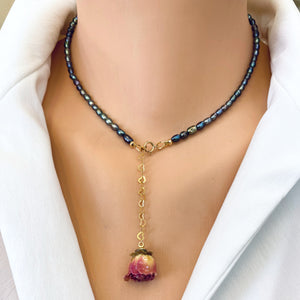 Real Pink Rose & Black Mini Rice Pearl Necklace Rosebud Pendant, Gold Filled, 15.5"inch