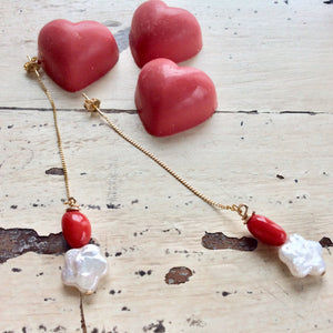 Floral Pearl Drop Earrings, Dainty Baroque Pearl & Coral Earrings