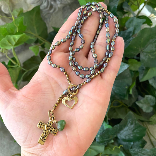 Collier long en perles Y, collier croix Hope &amp; Love, breloque prasiolite, bijoux religieux