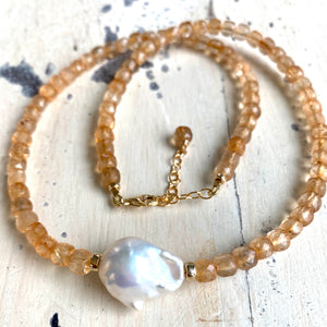 Deep Yellow Citrine Choker Necklace with White Baroque Pearl, 16" inches, November Birthstone