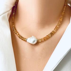 Deep Yellow Citrine Choker Necklace with White Baroque Pearl, 16" inches, November Birthstone