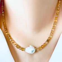 Charger l&#39;image dans la galerie, Deep Yellow Citrine Choker Necklace with White Baroque Pearl, 16&quot; inches, November Birthstone
