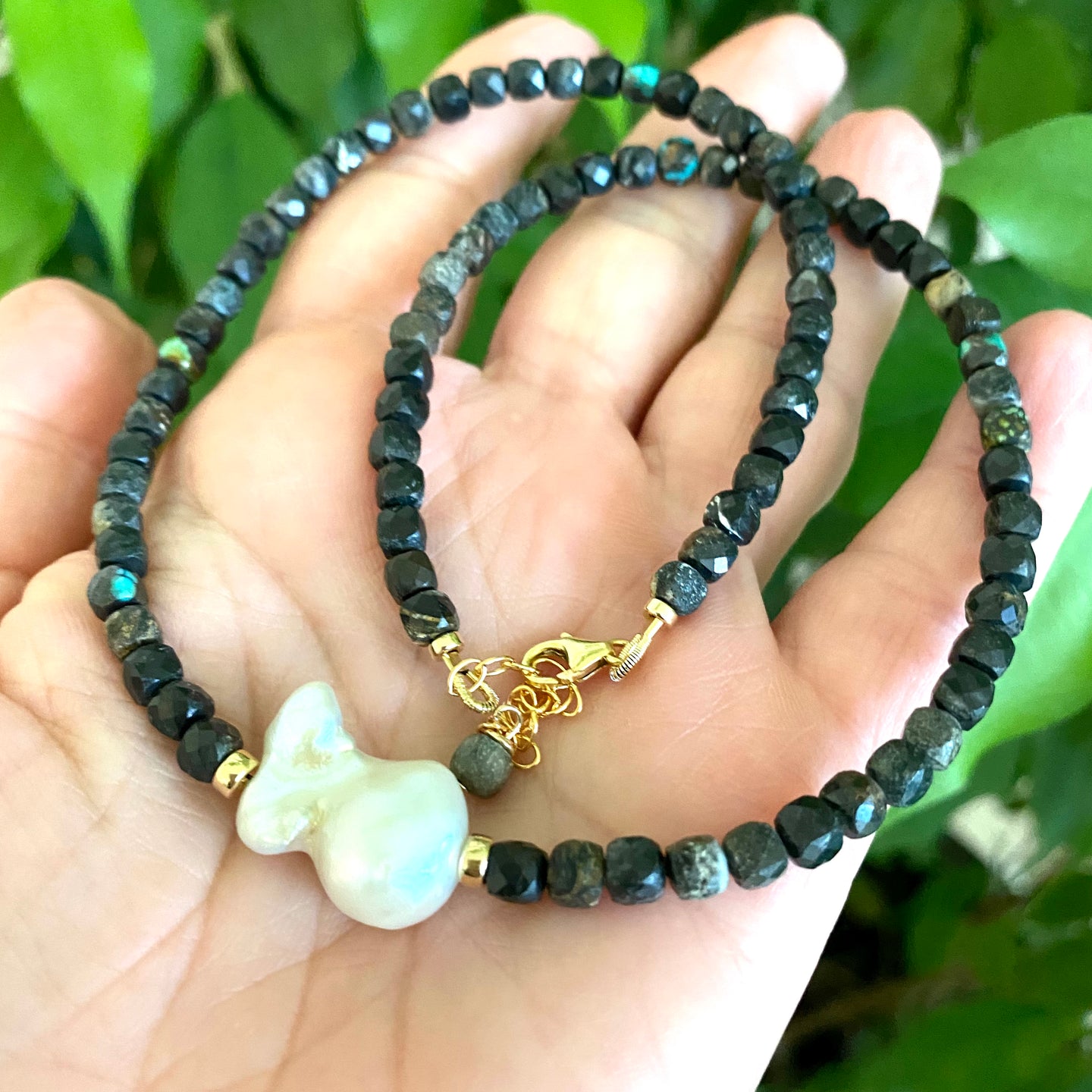 Black Turquoise and Freshwater Baroque Pearl Beaded Necklace, 16.5