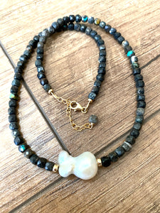 Black Turquoise and Freshwater Baroque Pearl Beaded Necklace, 16.5"inches