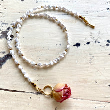 Load image into Gallery viewer, Real Pink Rose and Freshwater Pearl Beaded Necklace Rosebud Pendant
