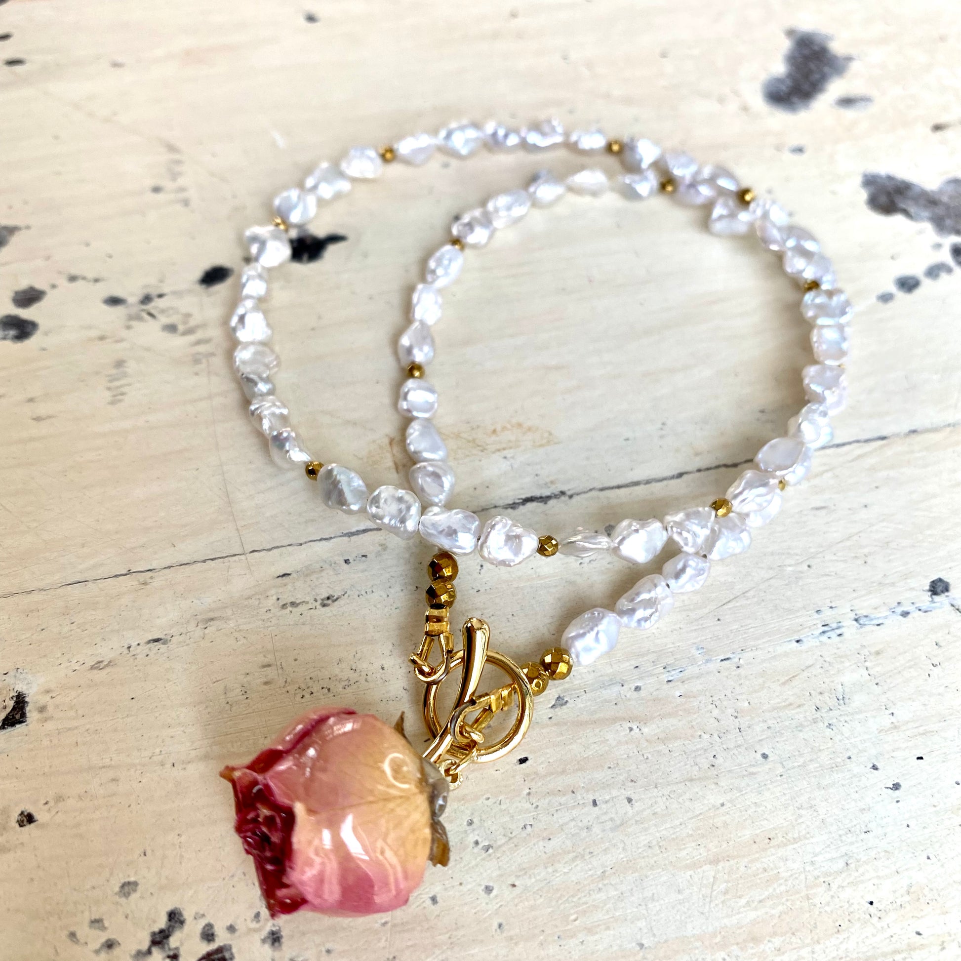 Handcrafted real pink rosebud pearl necklace with freshwater keshi pearls and gold plated clasp