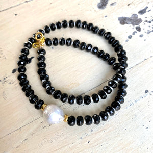 Black Onyx with Shell Beads and Freshwater Baroque Pearl Choker Necklace,16"inches