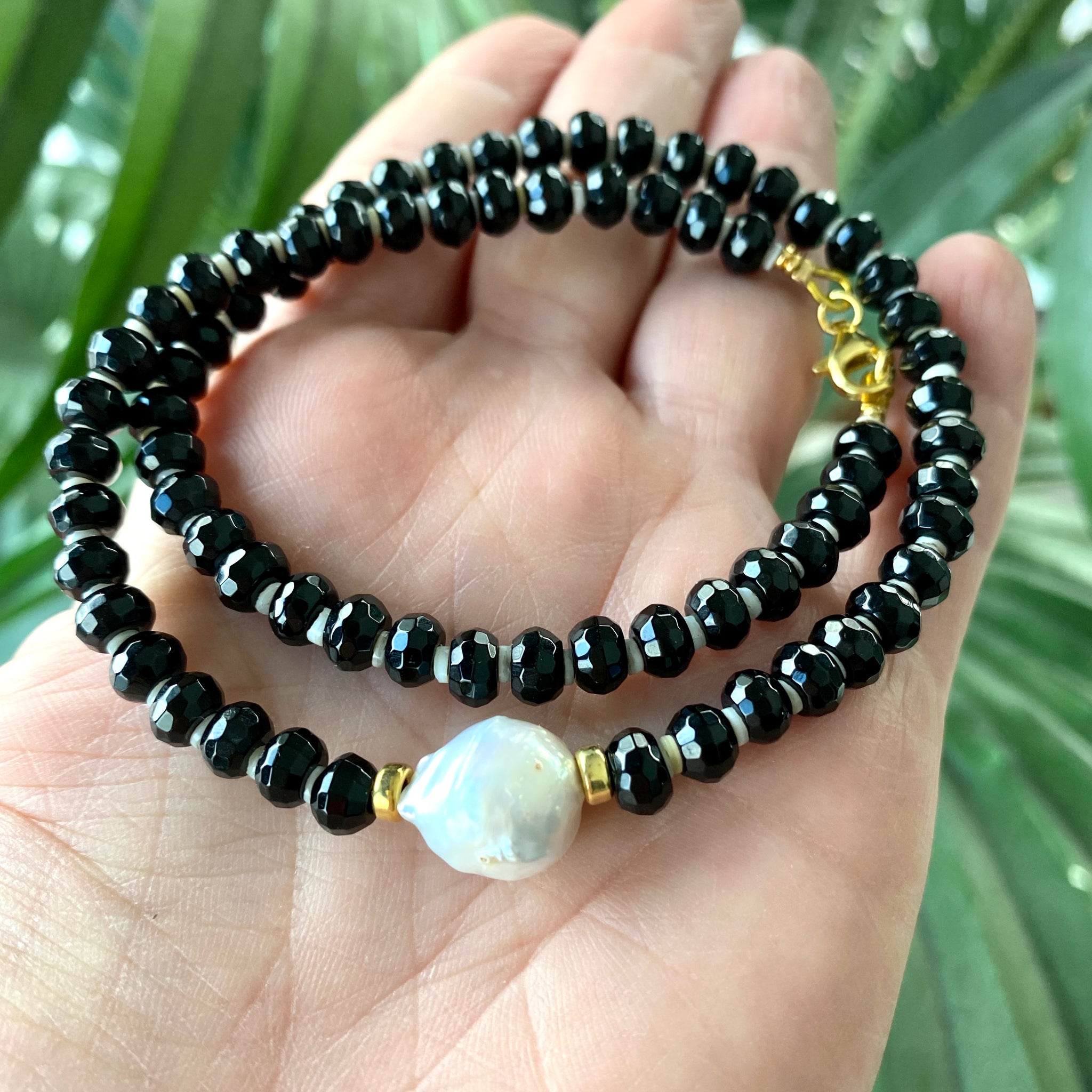 Black Onyx with Shell Beads and Freshwater Baroque Pearl Choker Neckla Loulia Pearl Jewelry