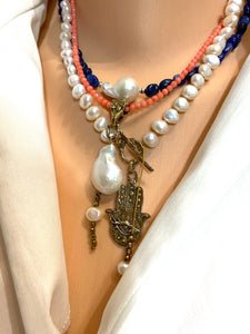 Pink Coral Beads and Baroque Pearl Pendant Necklace